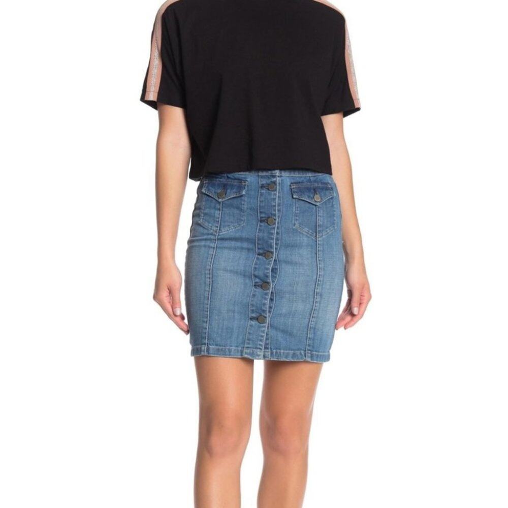 All Saints June Button Front Medium Wash Cotton Denim Mini Skirt Size 10